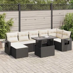 Tuinmeubelen*vidaXL 8-delige Loungeset met kussens poly rattan zwart Zwart en cr&egrave;me