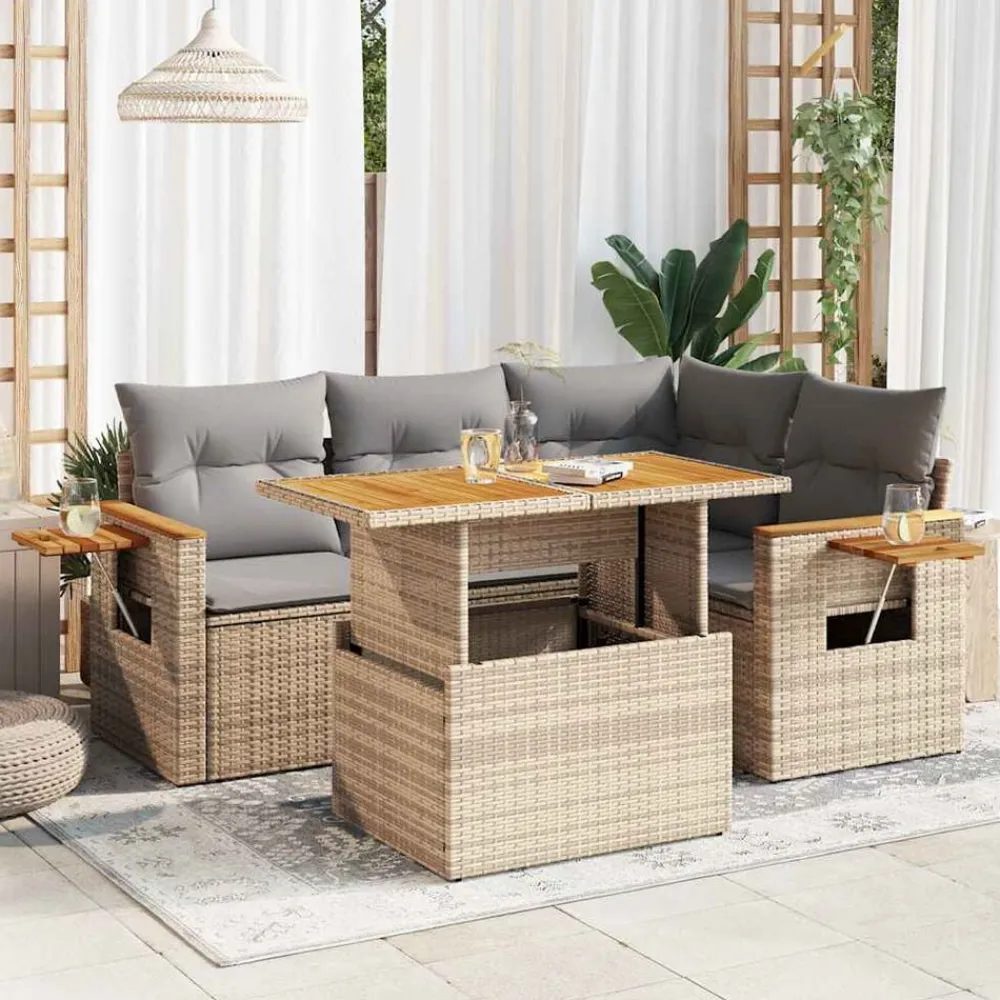 5-delige Loungeset met kussens poly rattan en acaciahout beige>vidaXL Sale