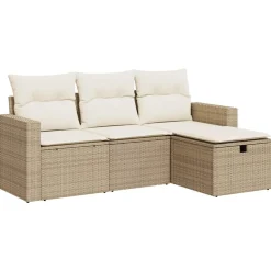 Tuinmeubelen*vidaXL 4-delige Loungeset met kussens poly rattan beige beige en cr&egrave;mekleurig
