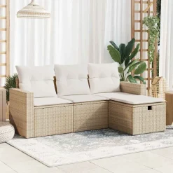 Tuinmeubelen*vidaXL 4-delige Loungeset met kussens poly rattan beige beige en cr&egrave;mekleurig