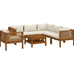 Tuinmeubelen*vidaXL 7-delige Loungeset met crèmekleurige kussens massief acaciahout Cr&egrave;me