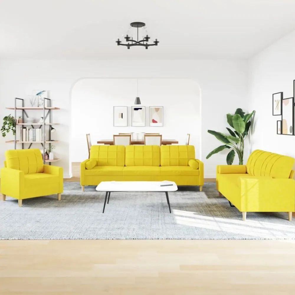Banken*vidaXL 3-delige Loungeset met sierkussens stof Lichtgeel