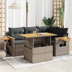 Tuinmeubelen*vidaXL 5-delige Loungeset met kussens poly rattan acacia Grijs
