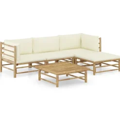 Tuinmeubelen*vidaXL 5-delige Loungeset met crèmewitte kussens bamboe Cr&egrave;me