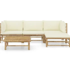 Tuinmeubelen*vidaXL 5-delige Loungeset met crèmewitte kussens bamboe Cr&egrave;me