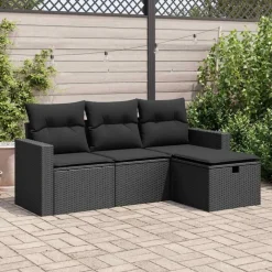 Tuinmeubelen*vidaXL 4-delige Loungeset met kussens poly rattan Zwart