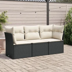 3-delige Loungeset met kussens poly rattan zwart>vidaXL New