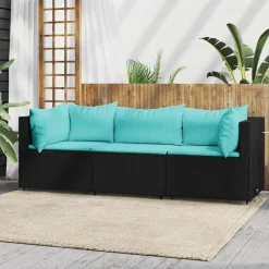 3-delige Loungeset met kussens poly rattan zwart>vidaXL