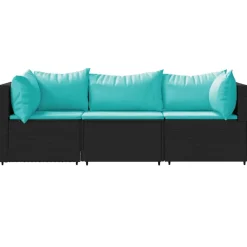 3-delige Loungeset met kussens poly rattan zwart><noscript><img width=