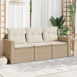 Tuinmeubelen*vidaXL 3-delige Loungeset met kussens poly rattan beige beige en cr&egrave;mekleurig