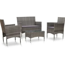 Tuinmeubelen*vidaXL 4-delige Loungeset met kussens poly rattan Grijs