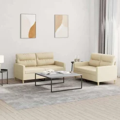 Banken*vidaXL 2-delige Loungeset met kussens stof crèmekleurig Cr&egrave;me