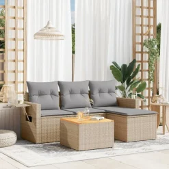 Tuinmeubelen*vidaXL 5-delige Loungeset met kussens poly rattan beige Beige en grijs