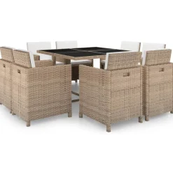 Tuinmeubelen*vidaXL 9-delige Tuinset met kussens poly rattan Beige