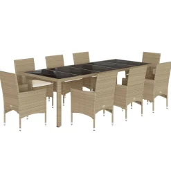 Tuinmeubelen*vidaXL 9-delige Tuinset met kussens poly rattan en glas beige beige en cr&egrave;mekleurig