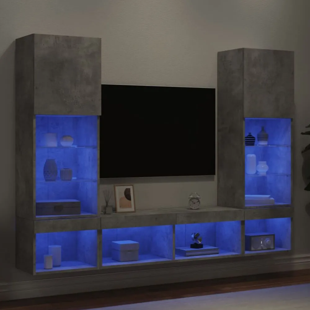 Tv-Meubels*vidaXL 5-delige Tv-wandmeubelset met LED bewerkt hout betongrijs