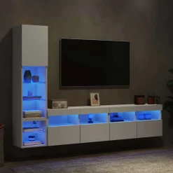 Tv-Meubels*vidaXL 4-delige Tv-wandmeubelset met LED-verlichting bewerkt hout Wit