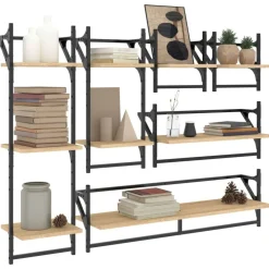 6-delige Wandschappenset met stangen bewerkt hout><noscript><img width=