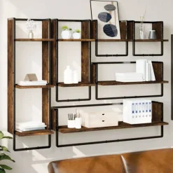 Boekenkasten & Wandplanken*vidaXL 6-delige Wandschappenset met stangen bewerkt hout Gerookt eiken