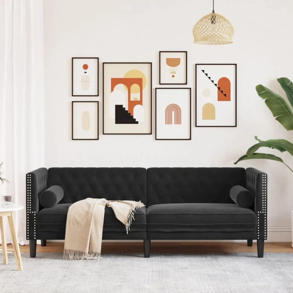 Banken*vidaXL Driezitsbank Chesterfield-stijl met bolsters fluweel Zwart