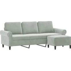 Driezitsbank met voetenbank 180 cm fluweel lichtgrijs><noscript><img width=