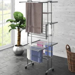 Droogrek 3-laags met wieltjes 60x70x129 cm zilverkleurig>vidaXL Online
