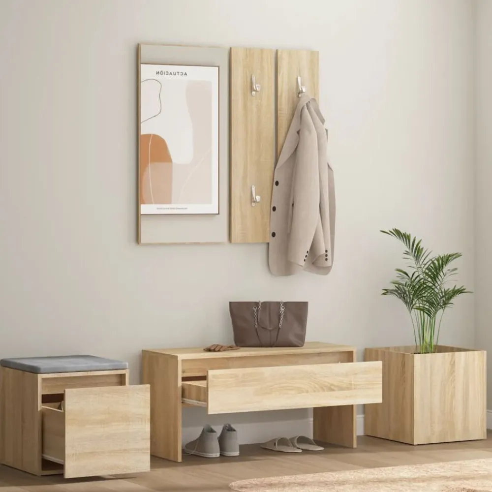 Bankjes*vidaXL Garderobe set bewerkt hout kleurig Sonoma eiken