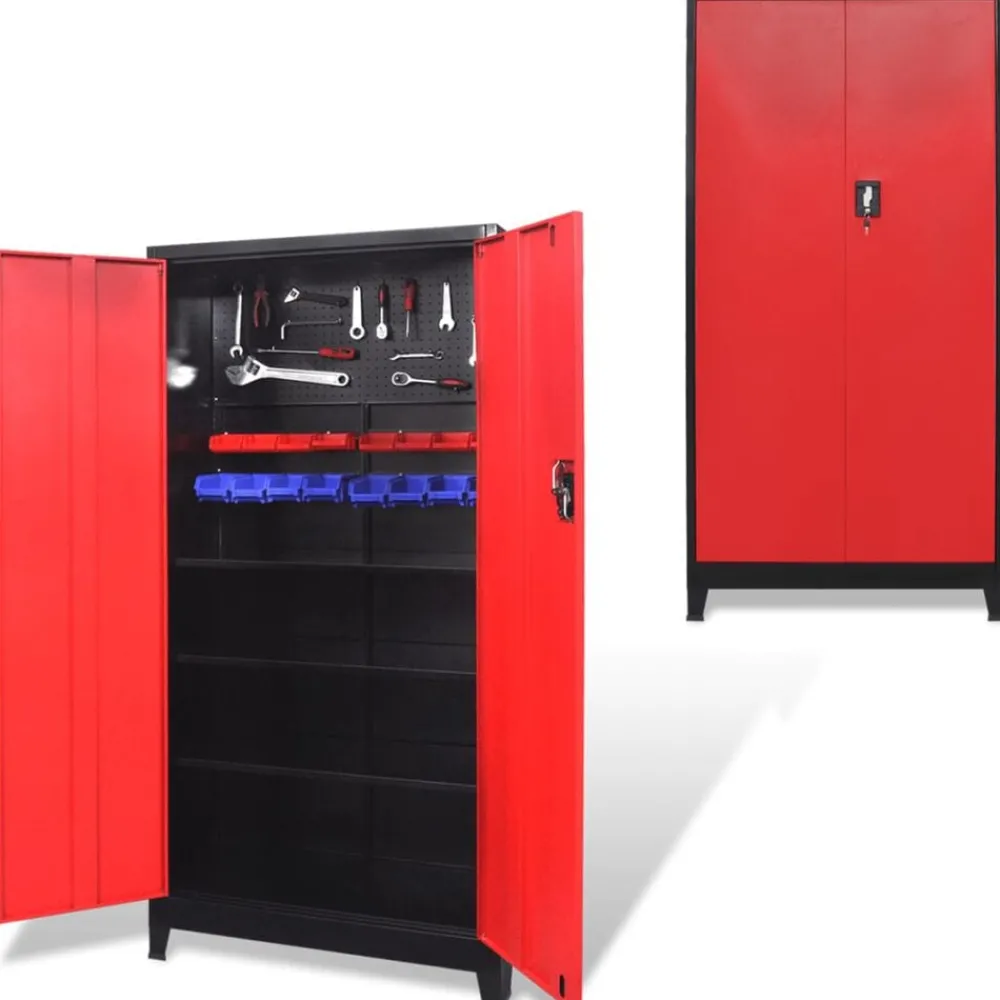 Gereedschapskast met 2 deuren 90x40x180 cm staal zwart en rood>vidaXL Hot