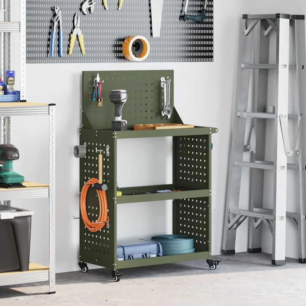 Gereedschapswagen met plank Olijf Groen 65 x 35 x 111 cm>vidaXL