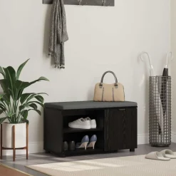 Bankjes*vidaXL Halbank met kussen met plank Zwarte Eik 80 x 38 x 46 cm Zwart eiken