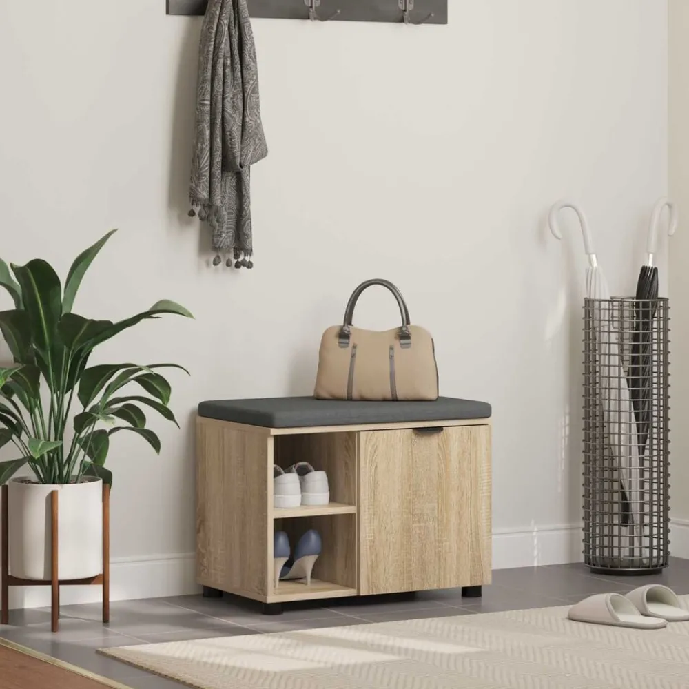 Bankjes*vidaXL Halbank met kussen met plank 60 x 38 x 46 cm Sonoma eiken