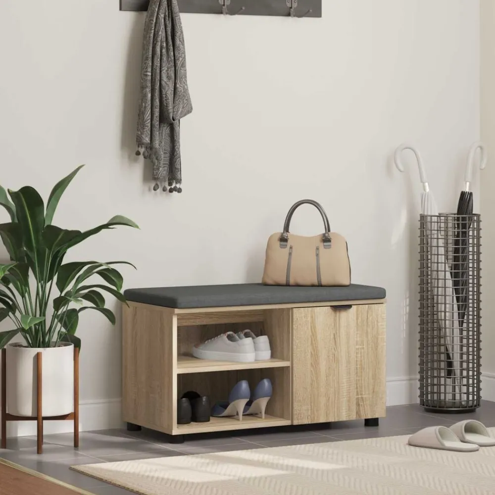 Bankjes*vidaXL Halbank met kussen met plank 80 x 38 x 46 cm Sonoma eiken