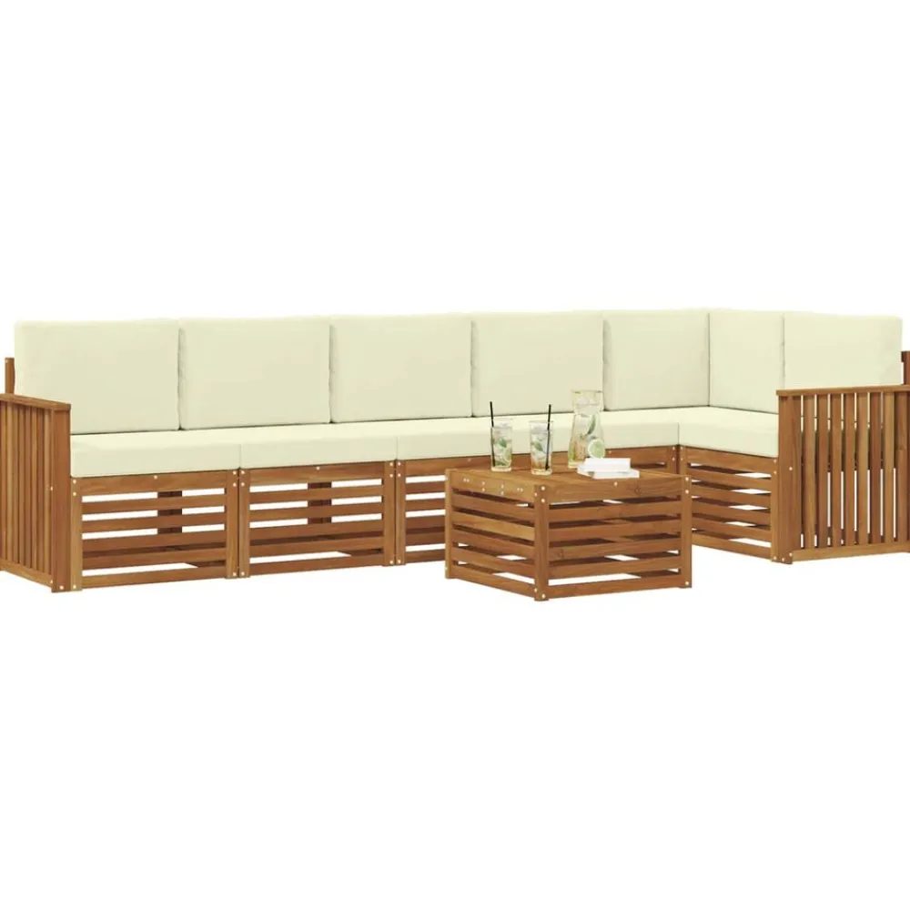 Hoekbank Set 7 pcs Natuurlijk en Crème Massief Acaciahout>vidaXL Online