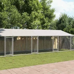 Hondenhok met dak en deuren 10x2x2 m gegalvaniseerd staal grijs>vidaXL Online