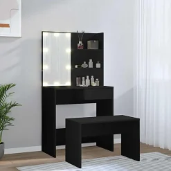 Kasten & Opbergmeubelen*vidaXL Kaptafelset met LED-verlichting bewerkt hout Zwart