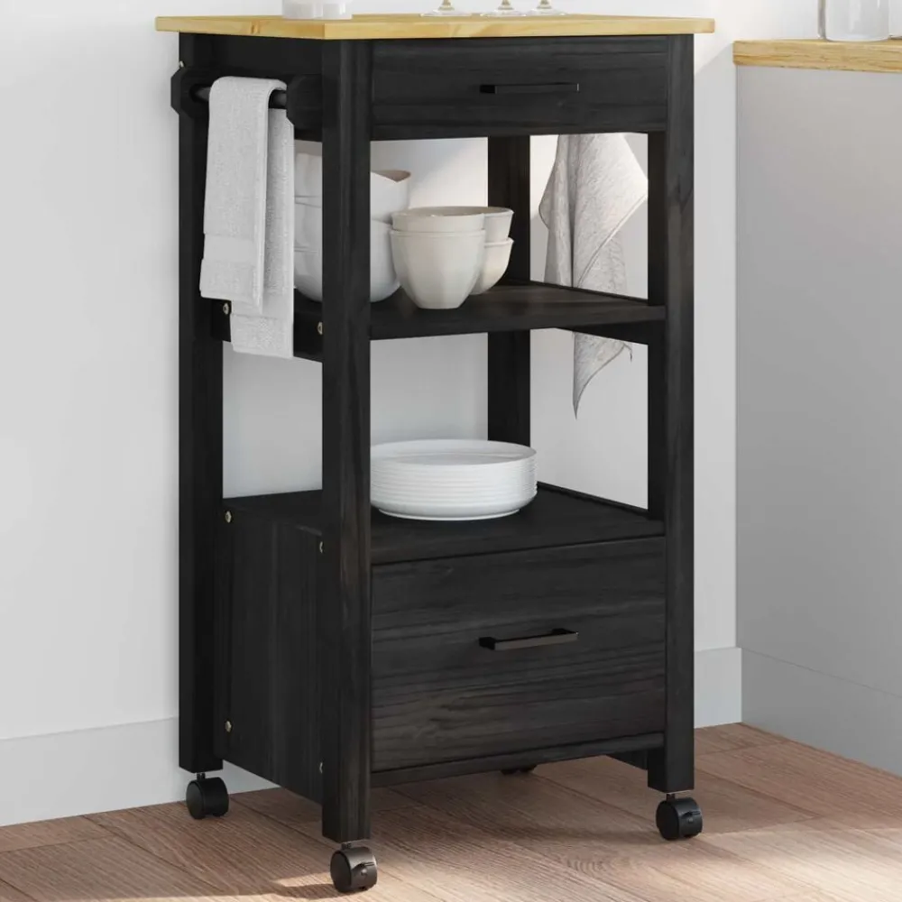 Trolleys*vidaXL Keuken Trolley MONZA 48 x 40 x 88,5 cm Massief Vurenhout Zwart