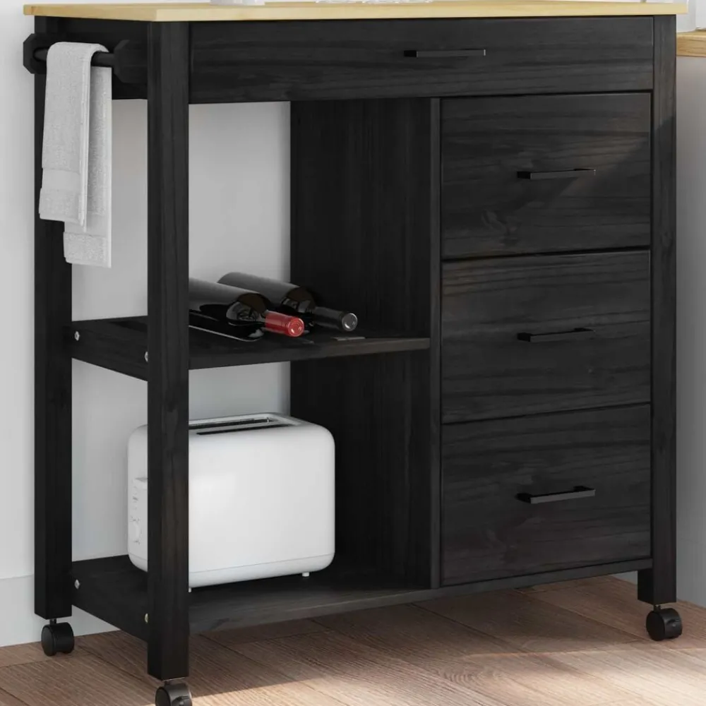 Trolleys*vidaXL Keuken Trolley MONZA 84 x 40 x 88,5 cm Massief Vurenhout Zwart