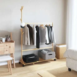 Kledingrek met haken en wielen 100x35x157 cm bamboe>vidaXL Hot