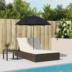 Ligbed 2-persoons met kussens en parasol poly rattan><noscript><img width=