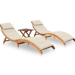 Tuinmeubelen*vidaXL Ligbedden 2 st met tafel en kussens massief acaciahout Cr&egrave;me