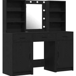 Kasten & Opbergmeubelen*vidaXL Make-up tafel set met LED 3 pcs Bewerkt hout Zwart eiken