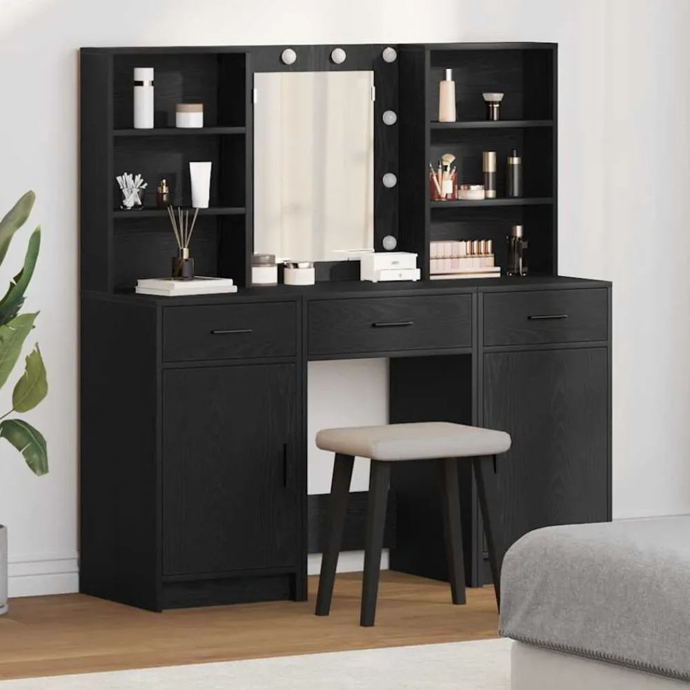 Kasten & Opbergmeubelen*vidaXL Make-up tafel set met LED 3 pcs Bewerkt hout Zwart eiken