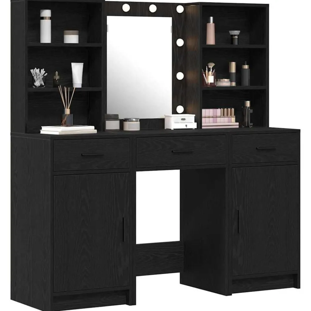 Kasten & Opbergmeubelen*vidaXL Make-up tafel set met LED 3 pcs Bewerkt hout Zwart eiken