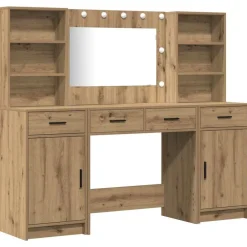 Kasten & Opbergmeubelen*vidaXL Make-up tafel set met LED 3 pcs Artisan Eiken Bewerkt hout artisanaal eikenkleurig