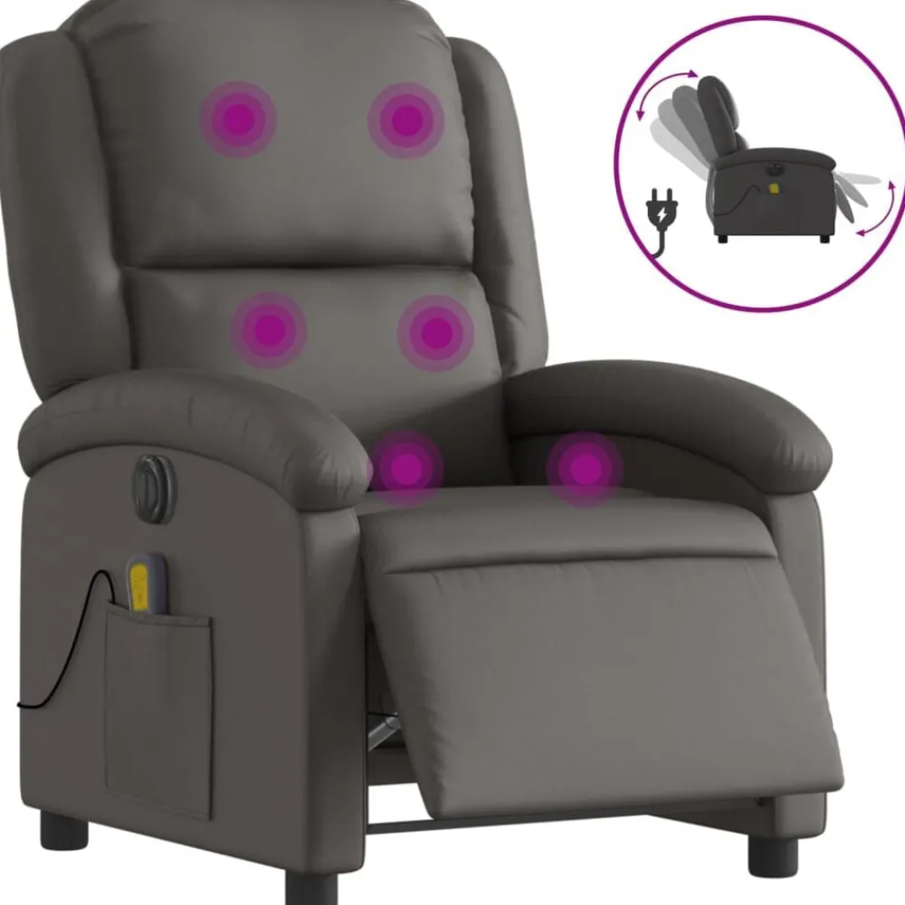 Stoelen*vidaXL Massagestoel verstelbaar elektrisch echt leer Grijs
