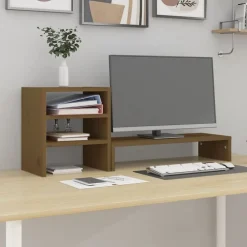 Elektronica*vidaXL Monitorstandaard 81x20x30 cm massief grenenhout Honingbruin
