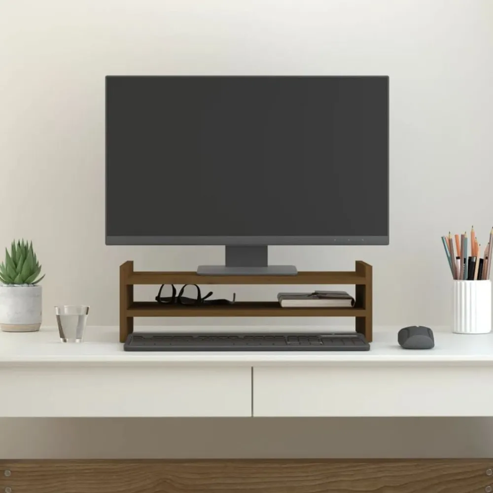Elektronica*vidaXL Monitorstandaard 50x27x15 cm massief grenenhout Honingbruin