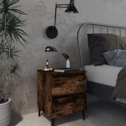 Tafels*vidaXL Nachtkastje met metalen poten 40x35x50 cm kleurig Gerookt eiken