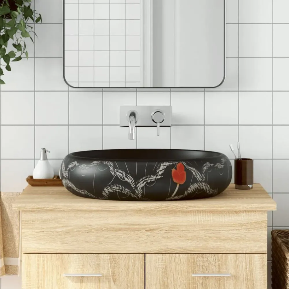 Sanitair & Loodgietersbenodigdheden*vidaXL Opzetwasbak ovaal 59x40x15 cm keramiek zwart Zwart en wit