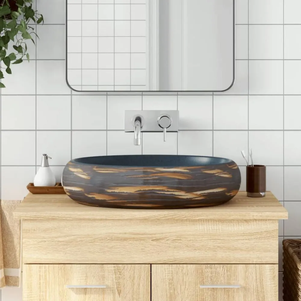 Opzetwasbak ovaal 59x40x15 cm keramiek bruin en blauw>vidaXL Best